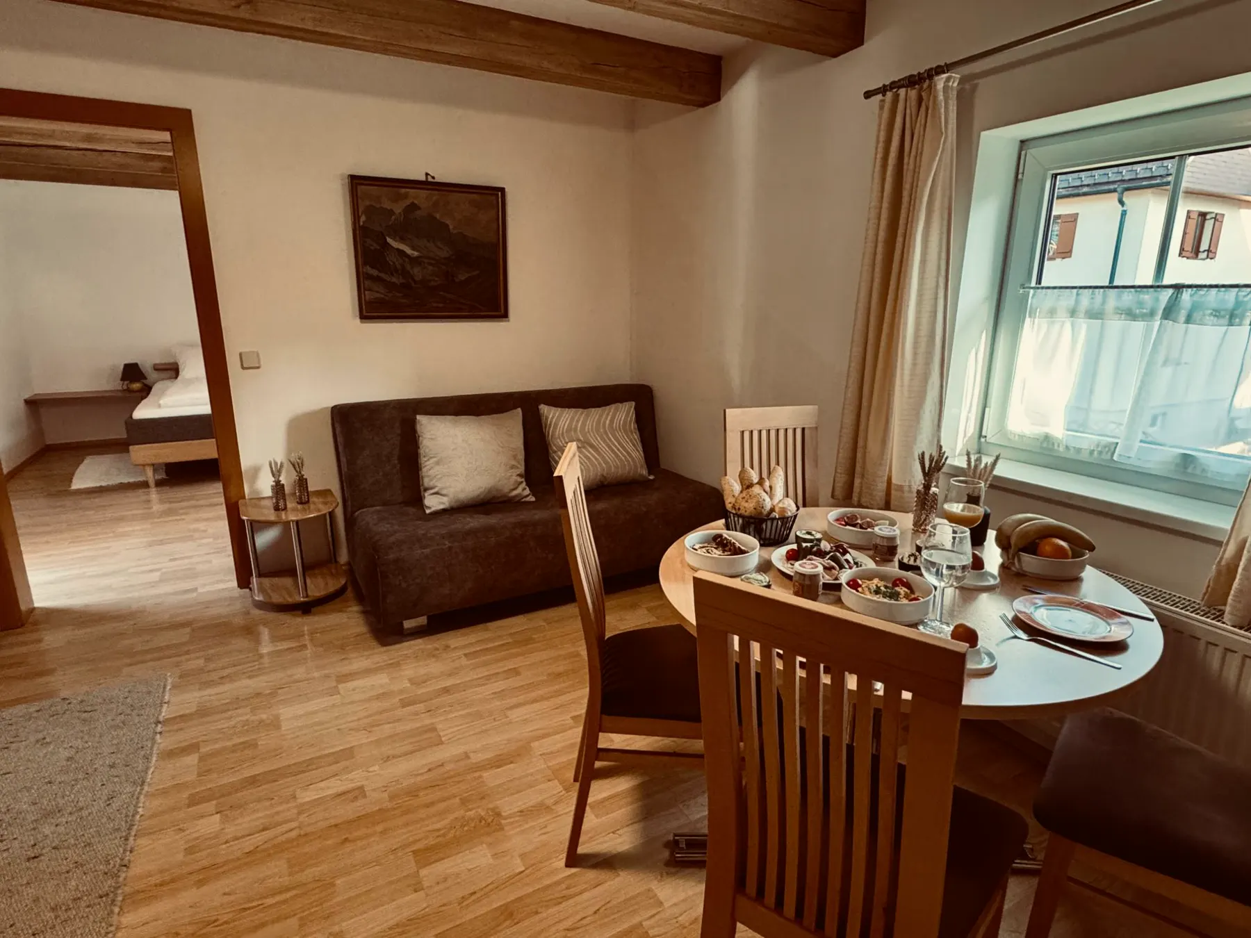 Living room with wooden beams